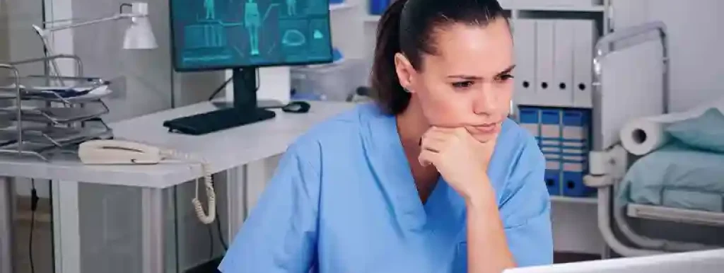 medica-olhando-para-seu-computador-analisando-o-que-esta-na-tela-e-escrevendo-em-um-caderno