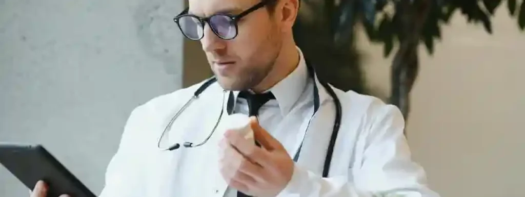 medico-analisando-seus-relatiorios-em-um-tablet-sentado-com-papeis-em-sua-mesa