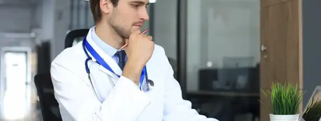 medico-olhando-para-seu-computador-e-analisando-documentos